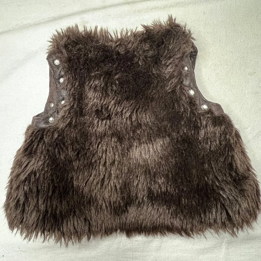 Kids Fake Fur Brown Vest 18 Months Tie Sequins